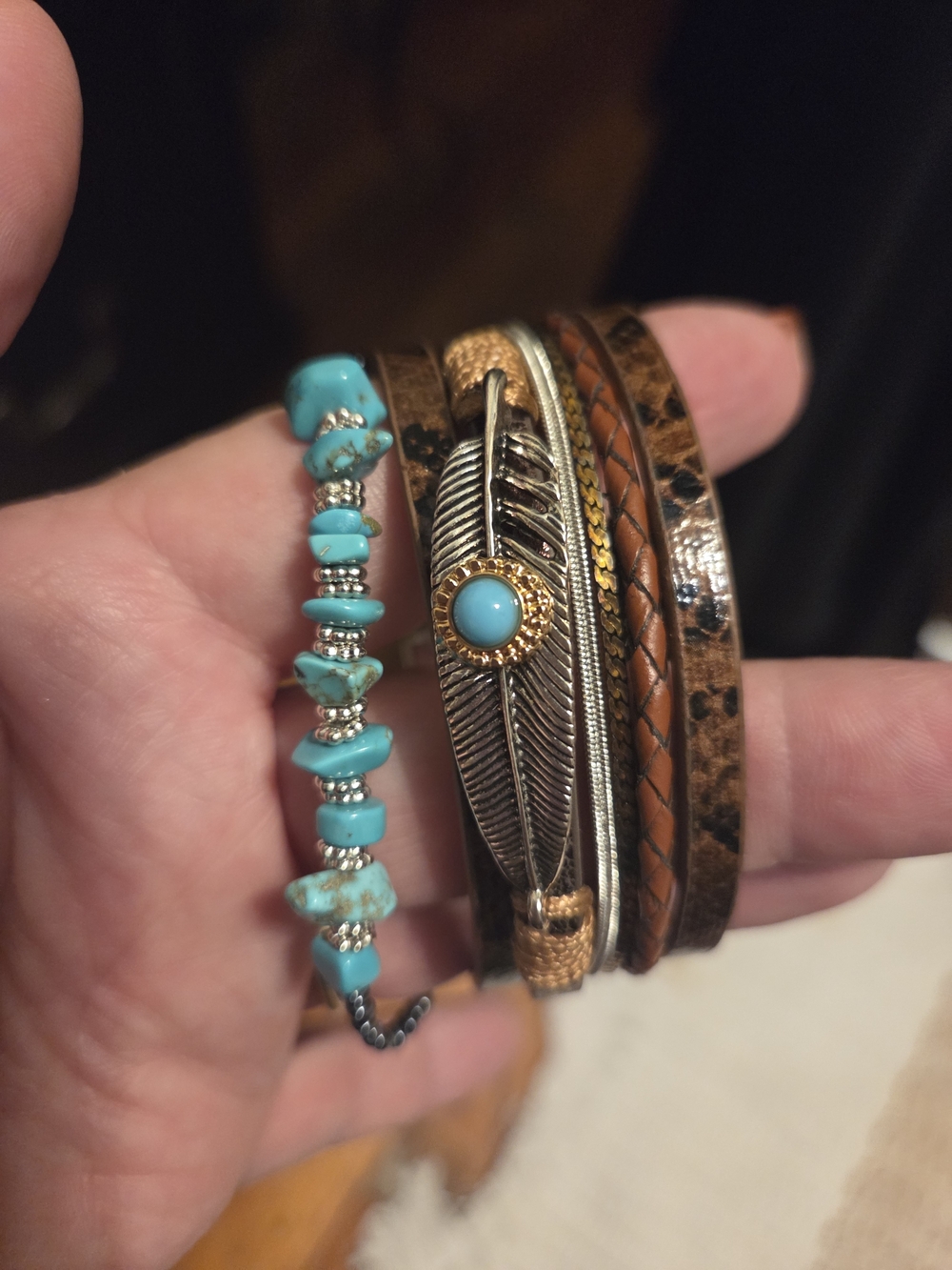 Turquoise and Brown Mixed-Material Women's Bracelet Set